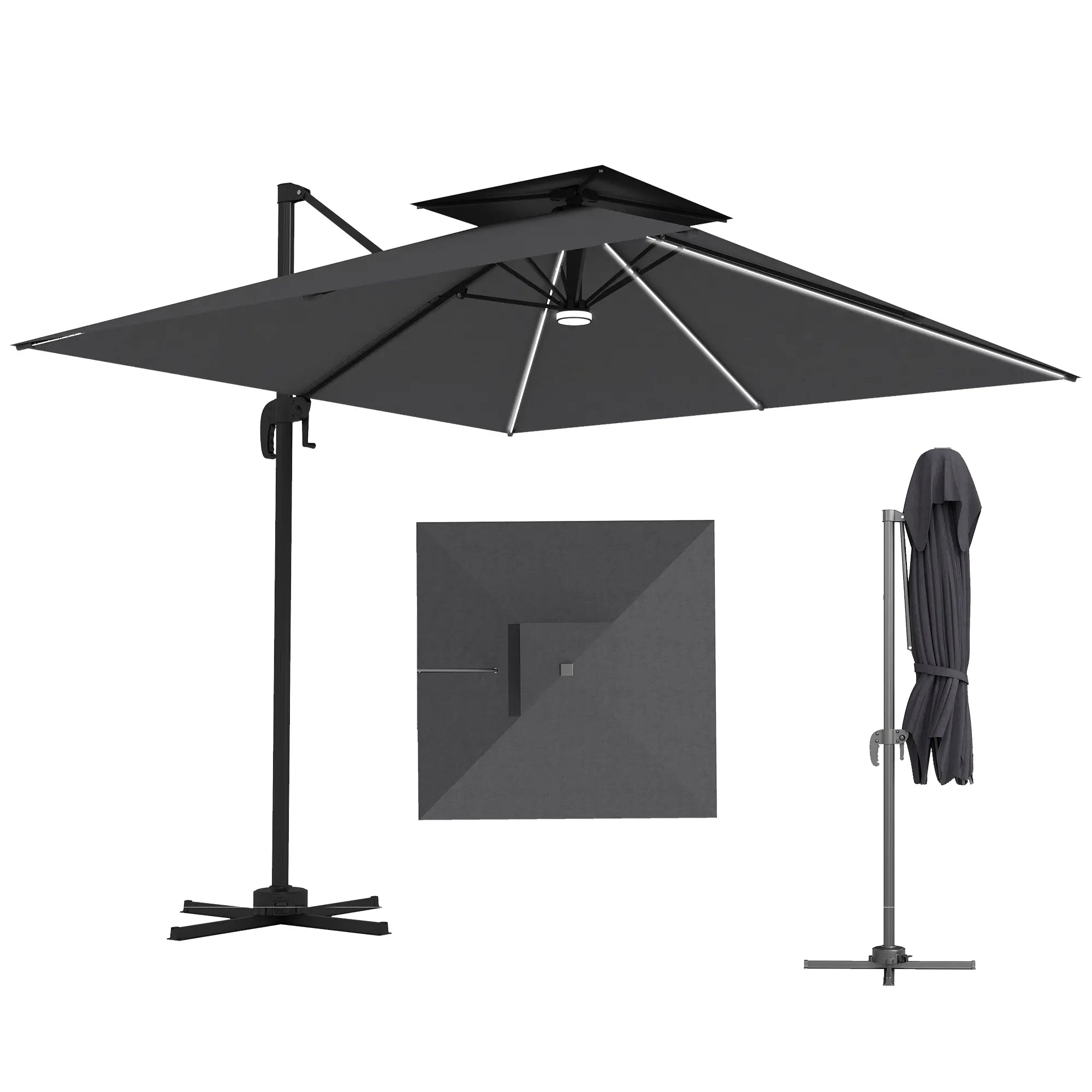 8' Cantilever Patio Umbrella, LED Lights, 360°Rotation, Dark Grey Offset Cantilever Umbrellas Dark Grey, Black at Gallery Canada