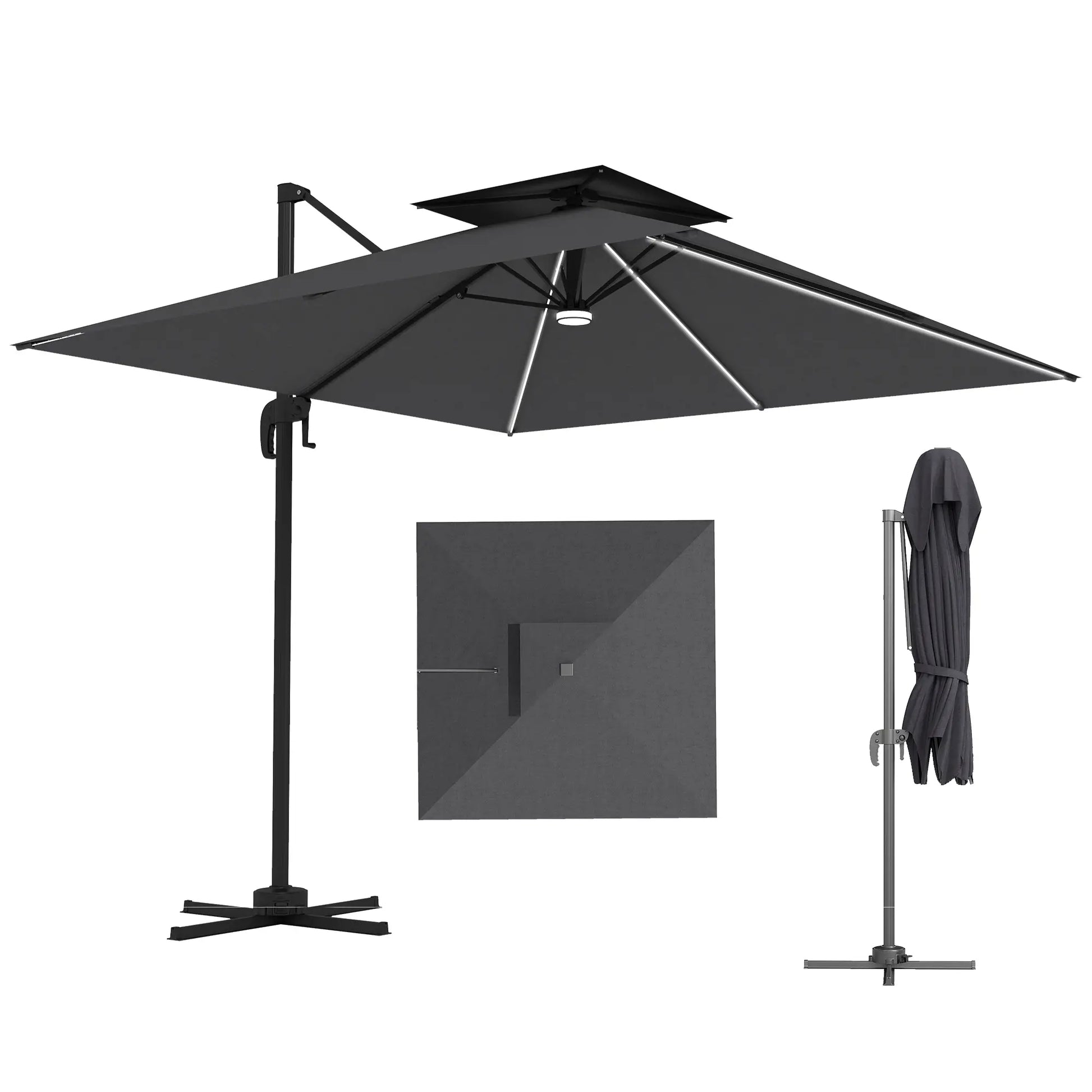 8' Cantilever Patio Umbrella, LED Lights, 360°Rotation, Dark Grey Offset Cantilever Umbrellas Dark Grey, Black at Gallery Canada