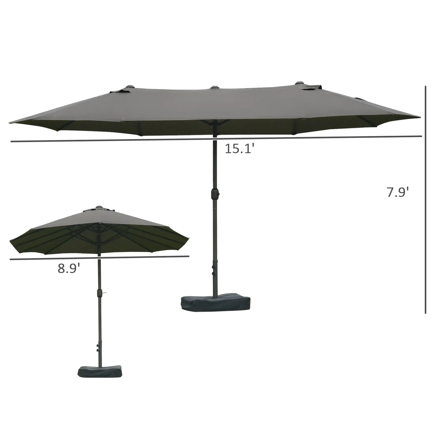 15' Outdoor Patio Umbrella, Twin Canopy Sunshade, Steel Table, Lift Crank, Dark Grey Sun Umbrellas at Gallery Canada