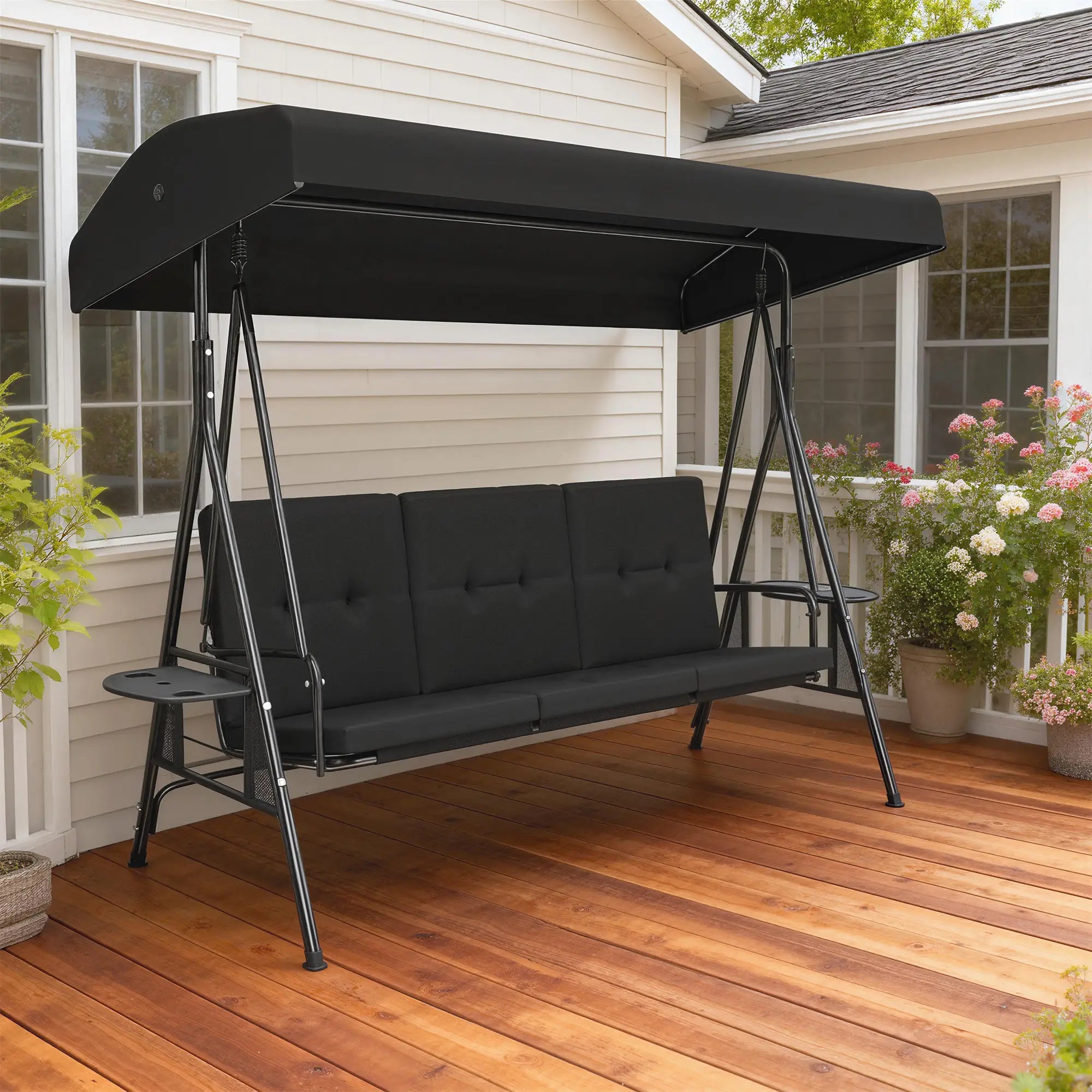 3-Seat Outdoor Swing With Adjustable Canopy, Side Tray, Black Patio Swings with Stand at Gallery Canada