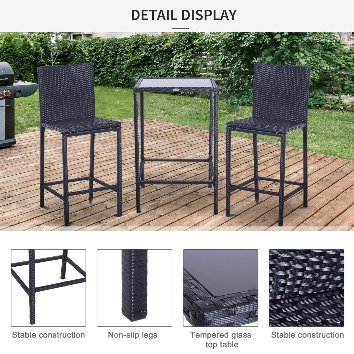 3 Piece Patio Bar Set, Wicker Rattan Bistro Table & 2 Stools, Black Bistro Sets at Gallery Canada
