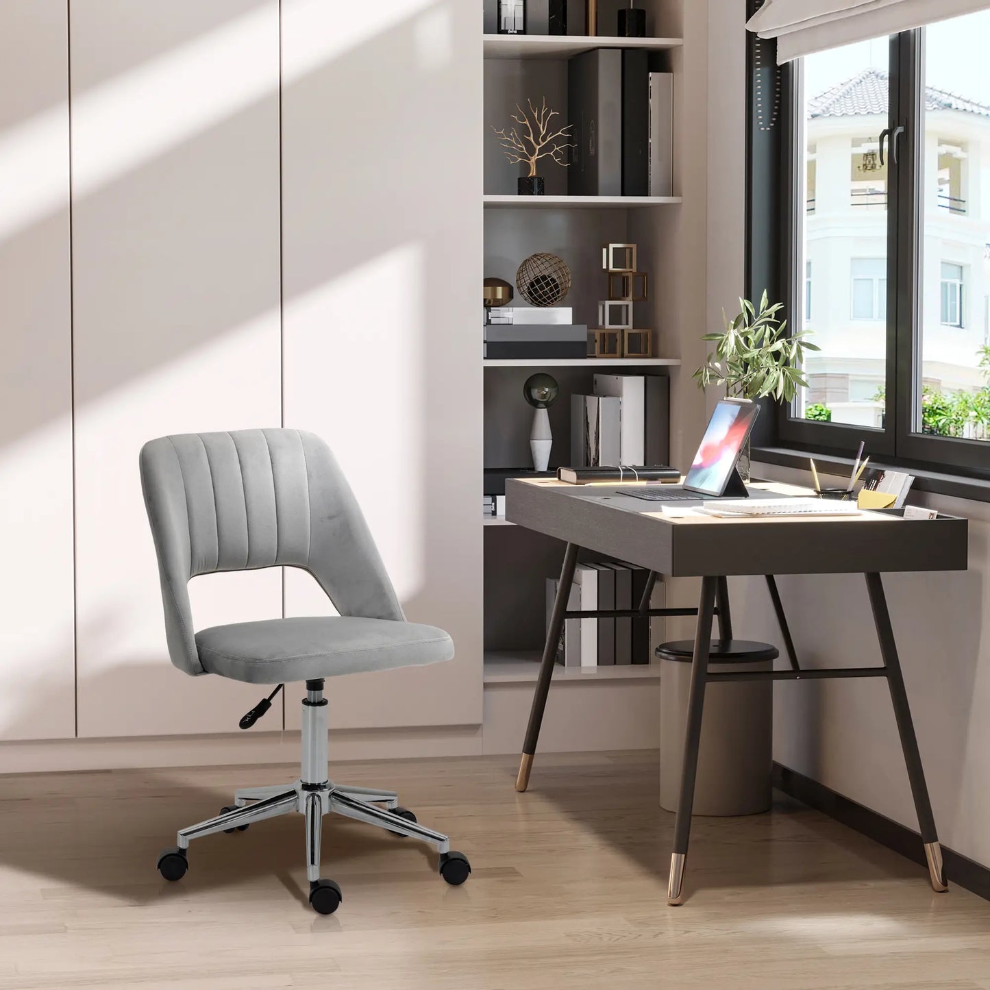 Velvet Swivel Office Chair, Scallop Back, Grey Task Chairs at Gallery Canada