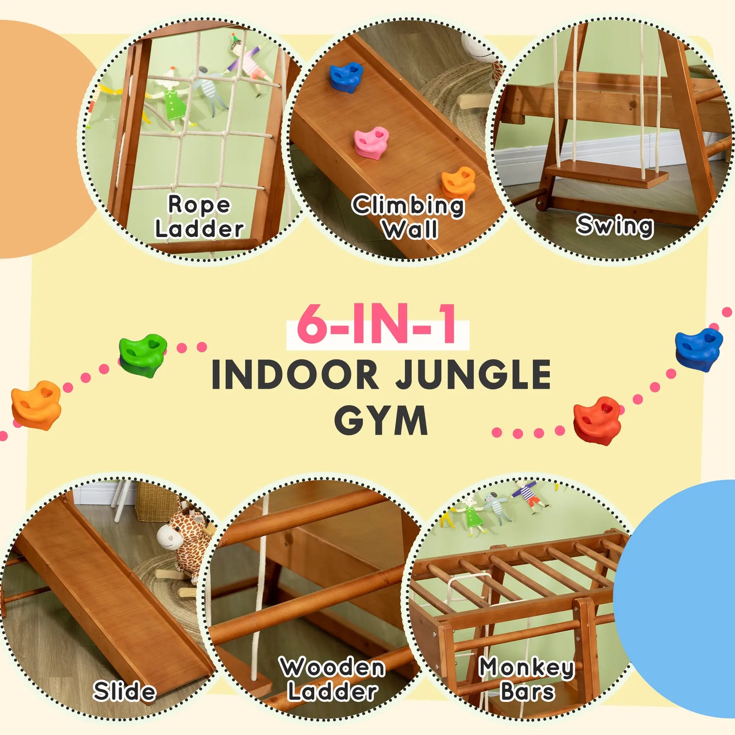 6-in-1 Kids Indoor Playground with Slide, Climbing Wall, Rope Climber, Monkey Bars, Swing, Ladder Toddler & Kids Step Stools at Gallery Canada