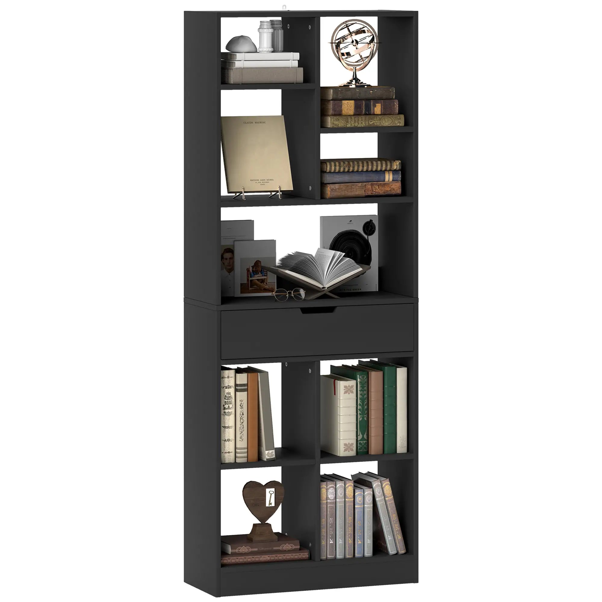 Tall Bookshelf with Drawer, Freestanding Bookcase, Black Display Bookshelves at Gallery Canada