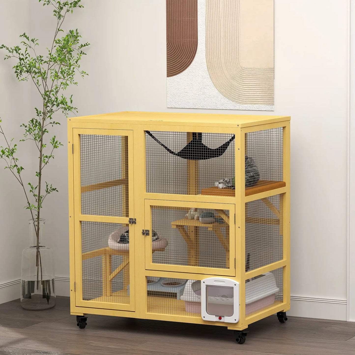 Wooden Cat Condo on Wheels, Cat Flap Door, Hammock, Openable Top, 2 Cats, Yellow Outdoor Cat Enclosures at Gallery Canada