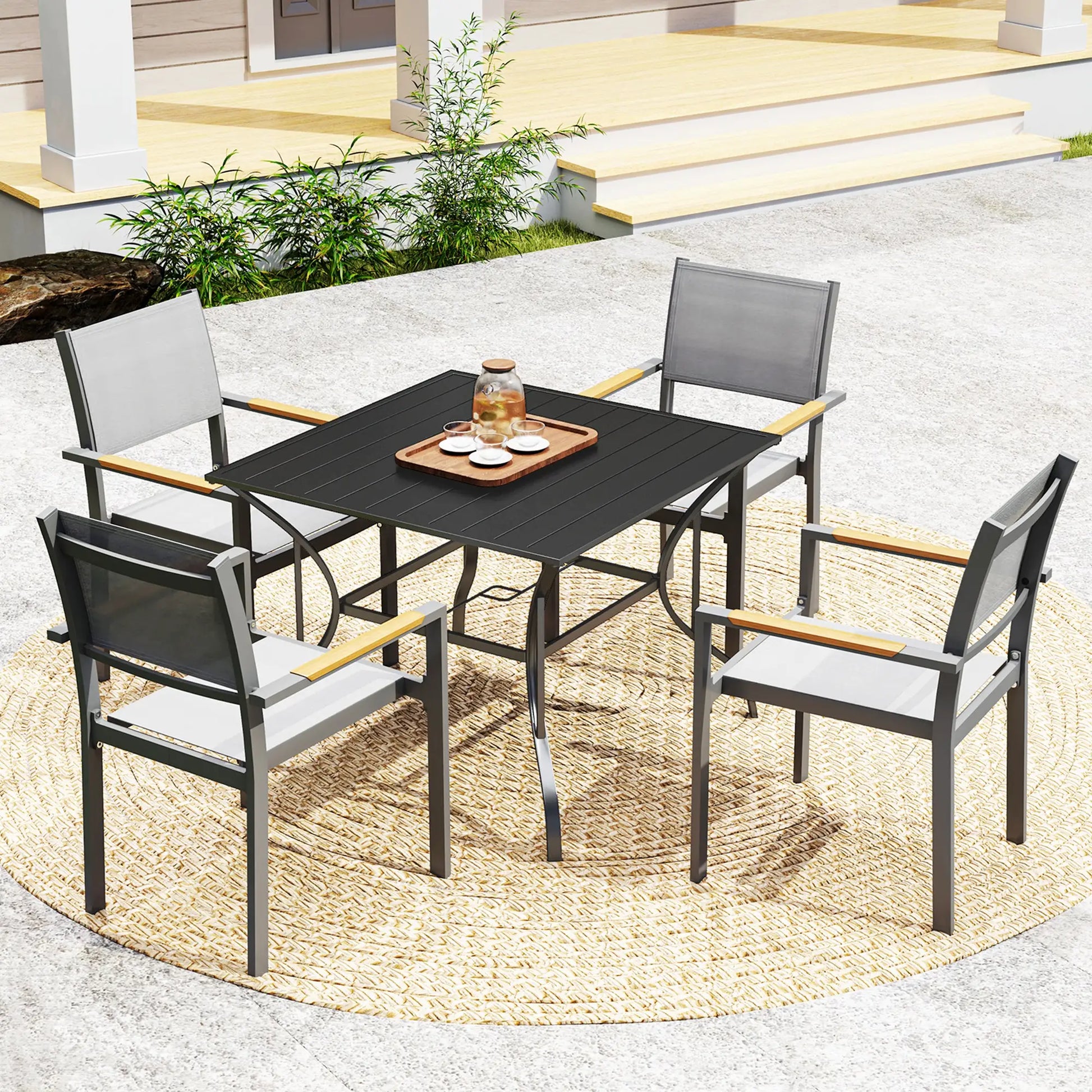 Outdoor Dining Table for Four, Square Garden Table with Slatted Metal Top, Black Patio Dinning Tables at Gallery Canada