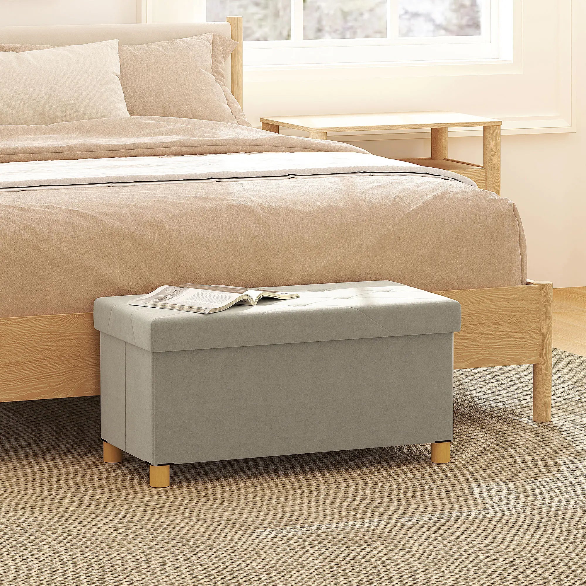 Velvet Upholstered Foldable Storage Ottoman Bench, Wood Legs Storage Ottomans & Benches at Gallery Canada