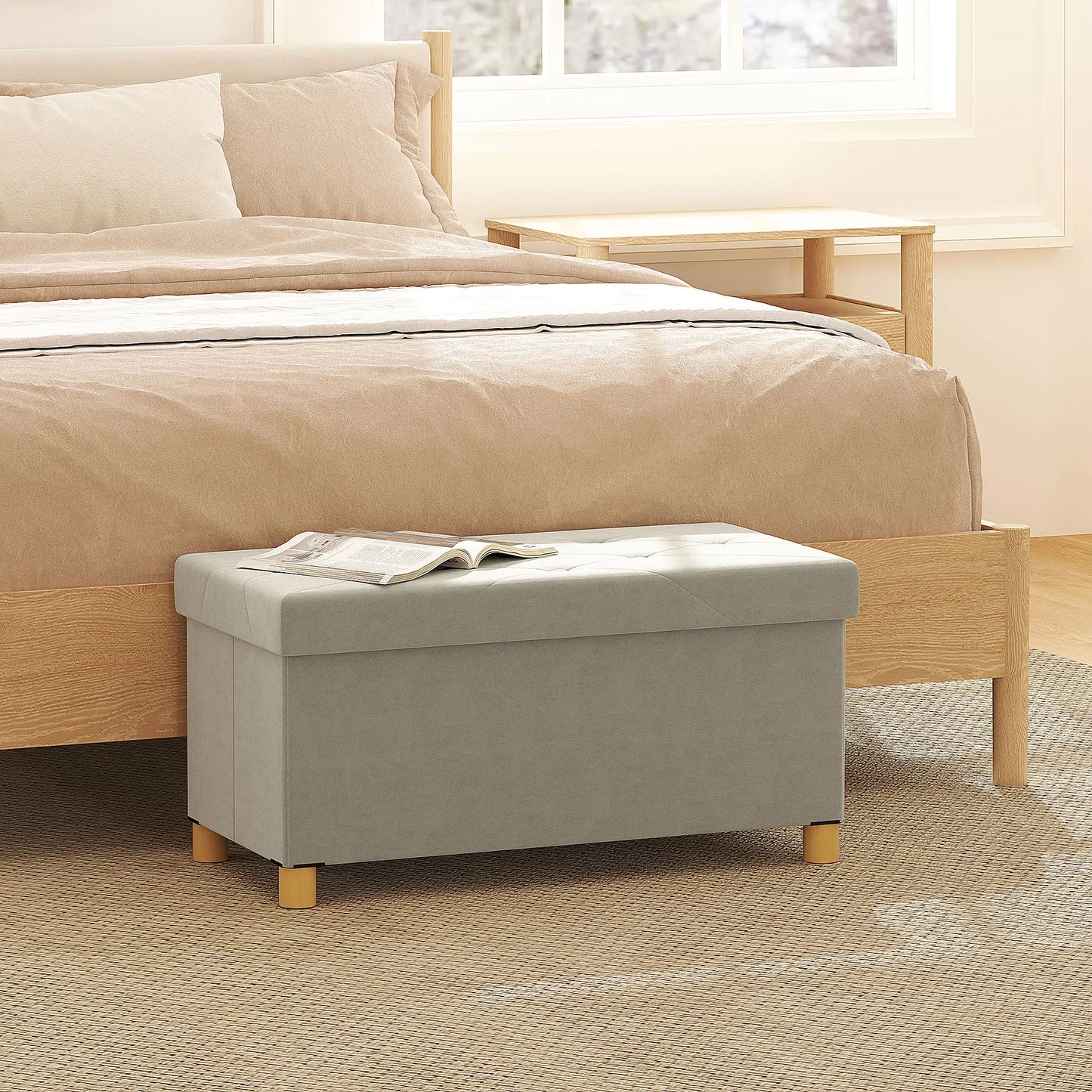 Velvet Upholstered Foldable Storage Ottoman Bench, Wood Legs Storage Ottomans & Benches at Gallery Canada