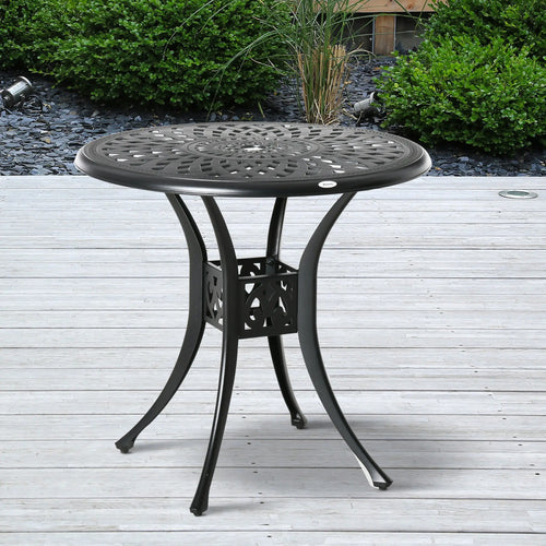 30-Inch Round Patio Dining Table, Umbrella Hole, Antique Cast Aluminum, Black
