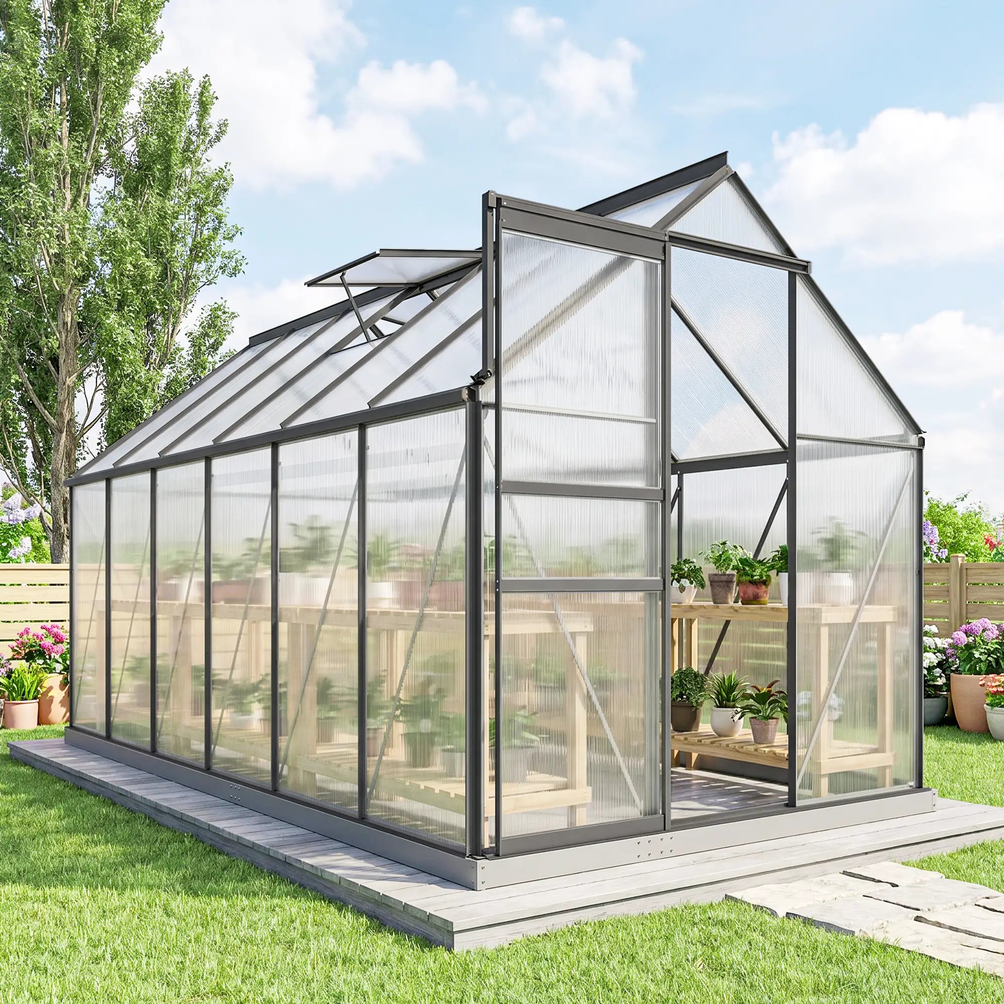 6' x 12' x 6.5' Polycarbonate Greenhouse, Walk-in, Adjustable Roof Vent, Sliding Door, Charcoal Grey Walk In Greenhouses at Gallery Canada