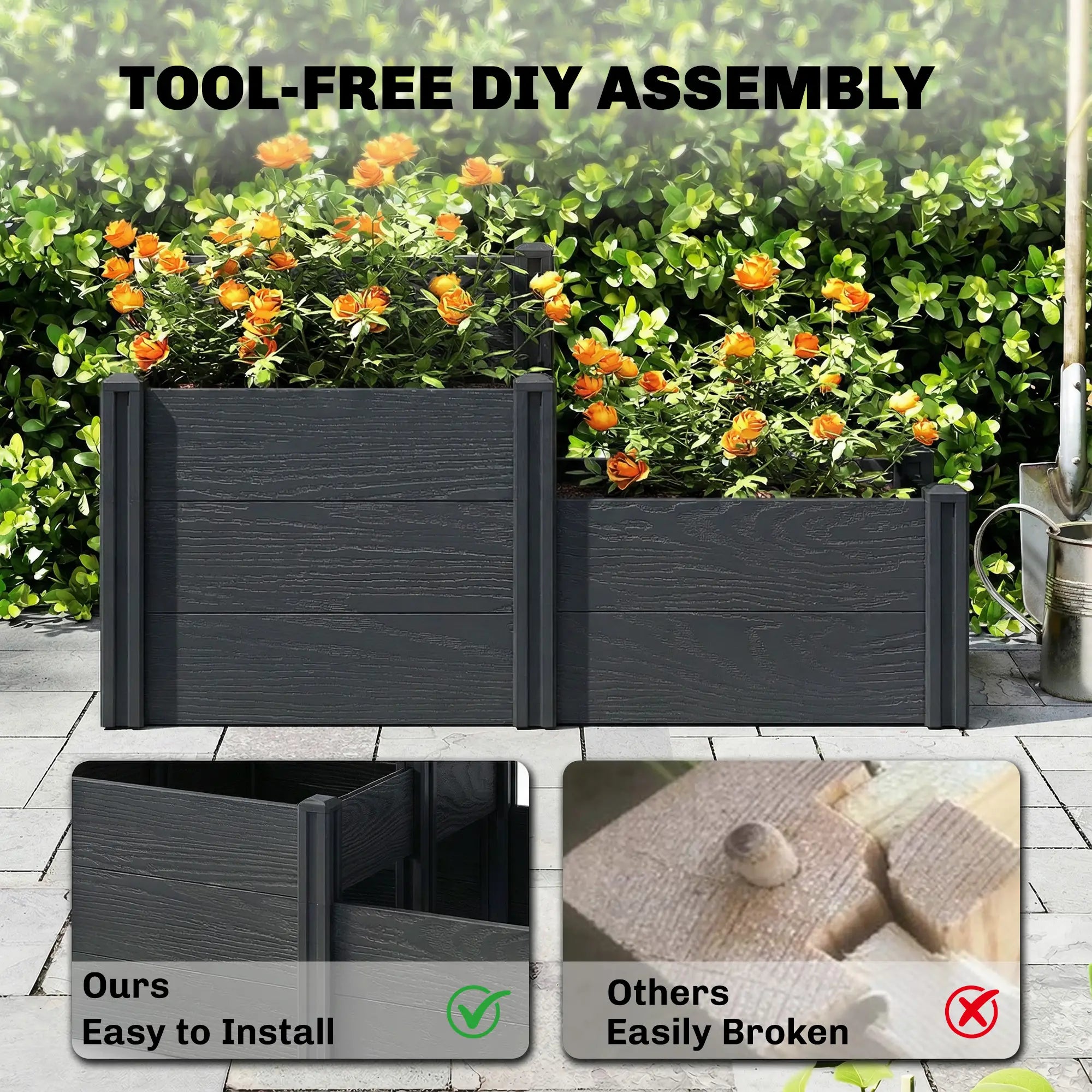 3-Tier Elevated Garden Box, Vinyl Raised Bed Kit, Grey Wood Effect, Grey Wooden Planter Boxes at Gallery Canada
