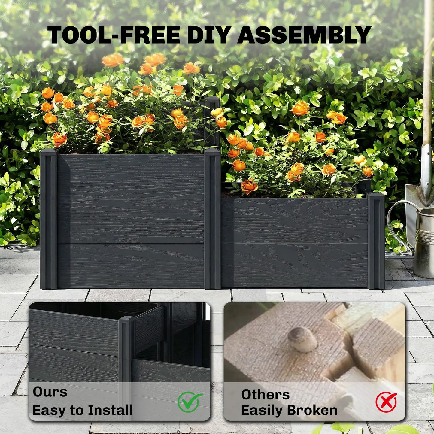 3-Tier Elevated Garden Box, Vinyl Raised Bed Kit, Grey Wood Effect, Grey Wooden Planter Boxes at Gallery Canada