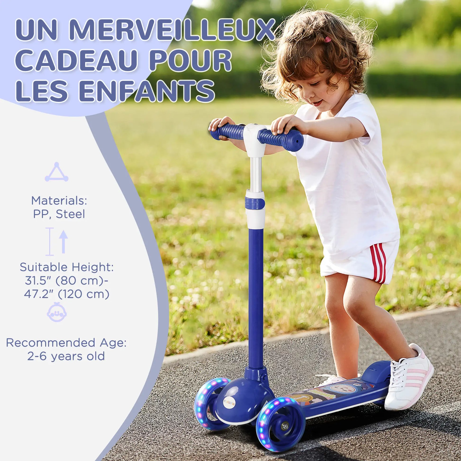 3 Wheel Kids Scooter, Adjustable Height, Rear-Fender Brake, LED Light, TPE Handlebar, Blue Scooters at Gallery Canada