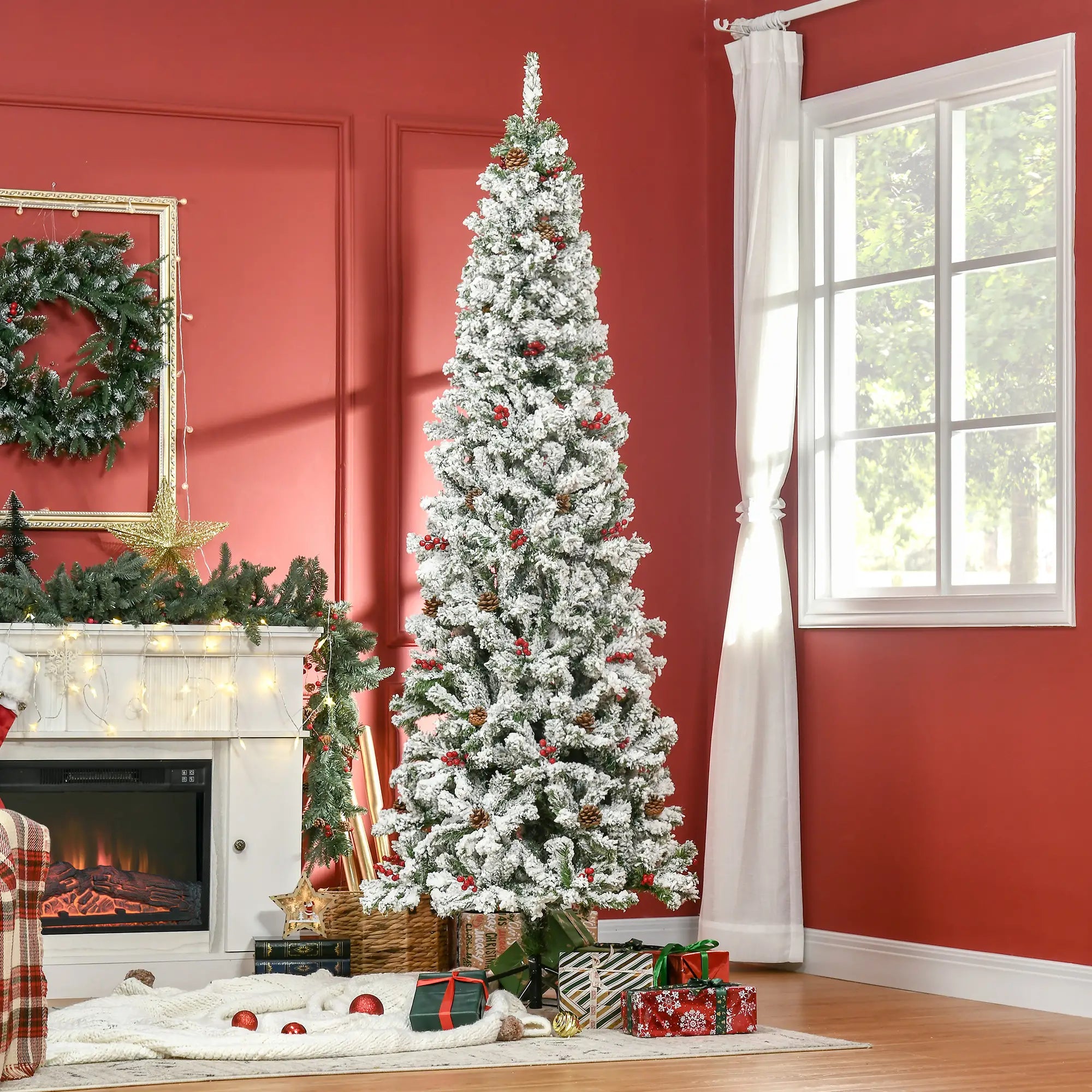7.5 Foot Flocked Artificial Christmas Tree, 950 Pine Branches, Pine Cones, Red Berries, Green Pencil Christmas Trees at Gallery Canada