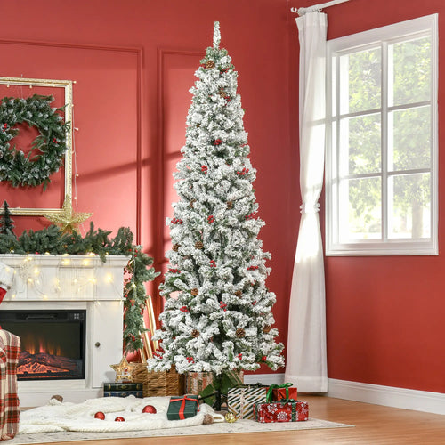 7.5 Foot Flocked Artificial Christmas Tree, 950 Pine Branches, Pine Cones, Red Berries, Green