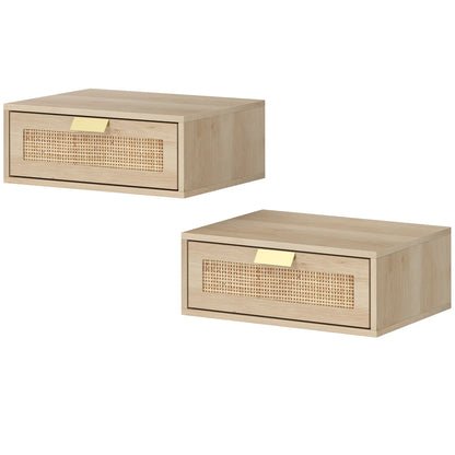 Floating Bedside Tables Set Of 2, Wall Mounted Nightstands, Rattan Drawer, Wood Effect, Oak