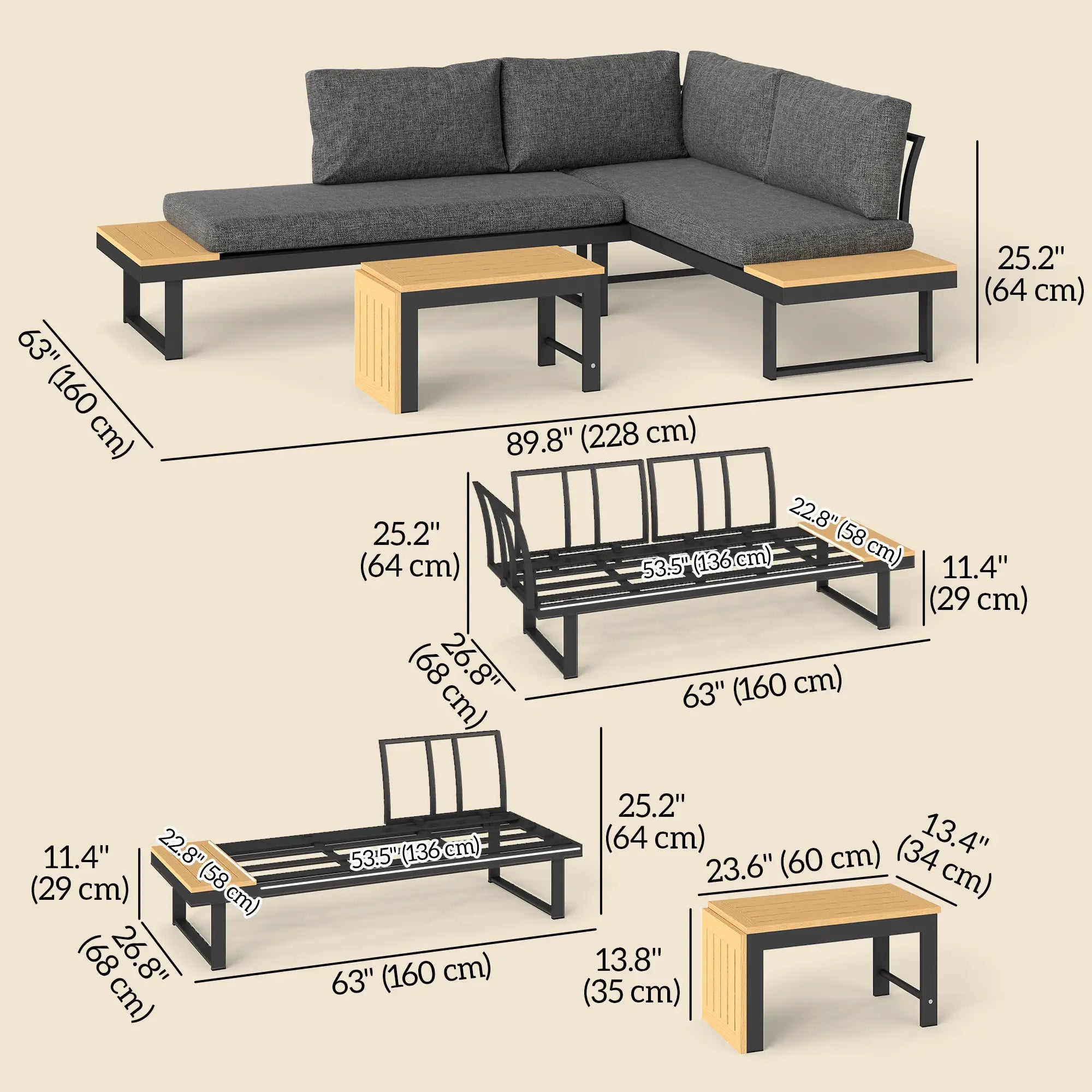 3-Piece Aluminum Corner Patio Set, 2 Loveseats, WPC Table, Grey Patio Furniture Sets at Gallery Canada