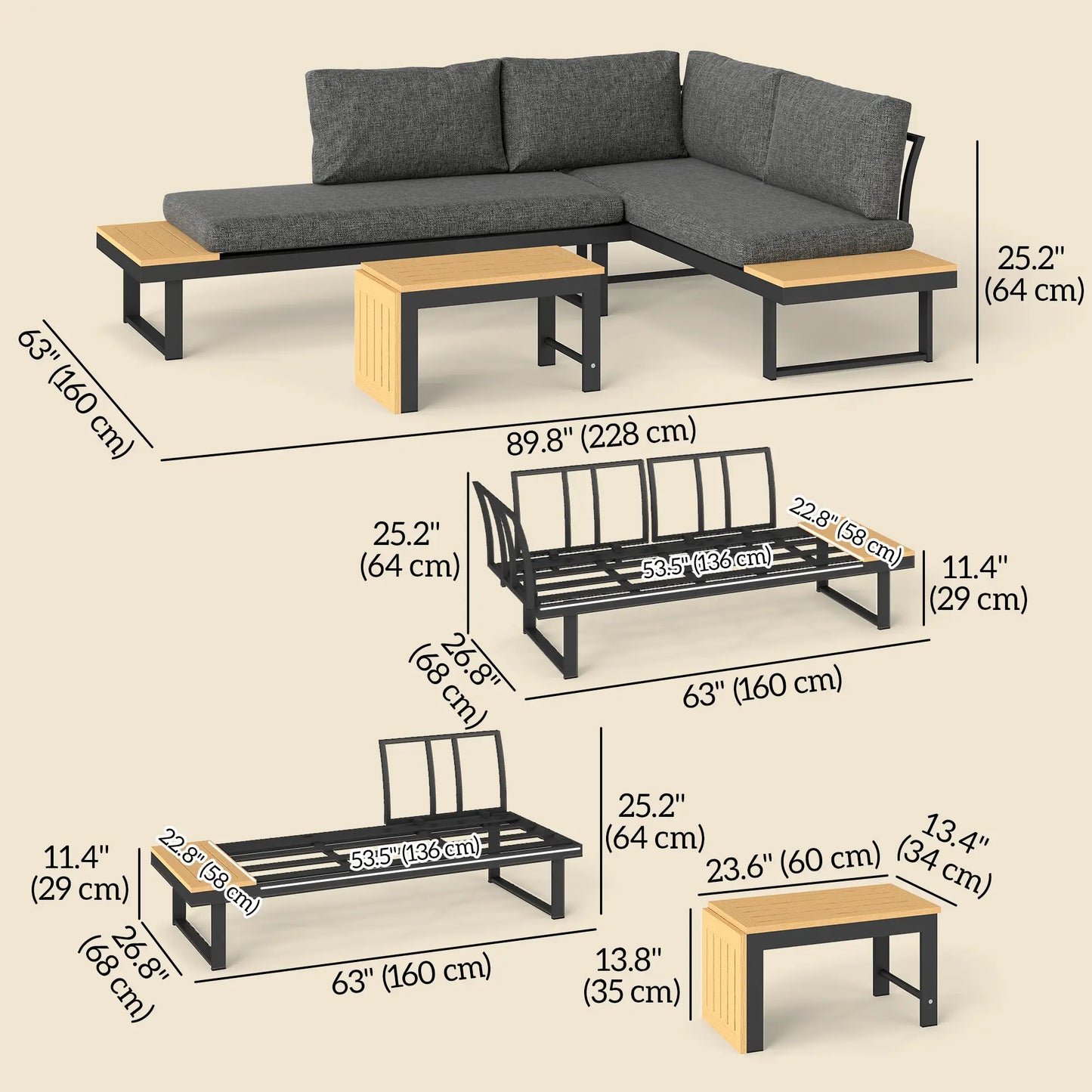 3-Piece Aluminum Corner Patio Set, 2 Loveseats, WPC Table, Grey Patio Furniture Sets at Gallery Canada