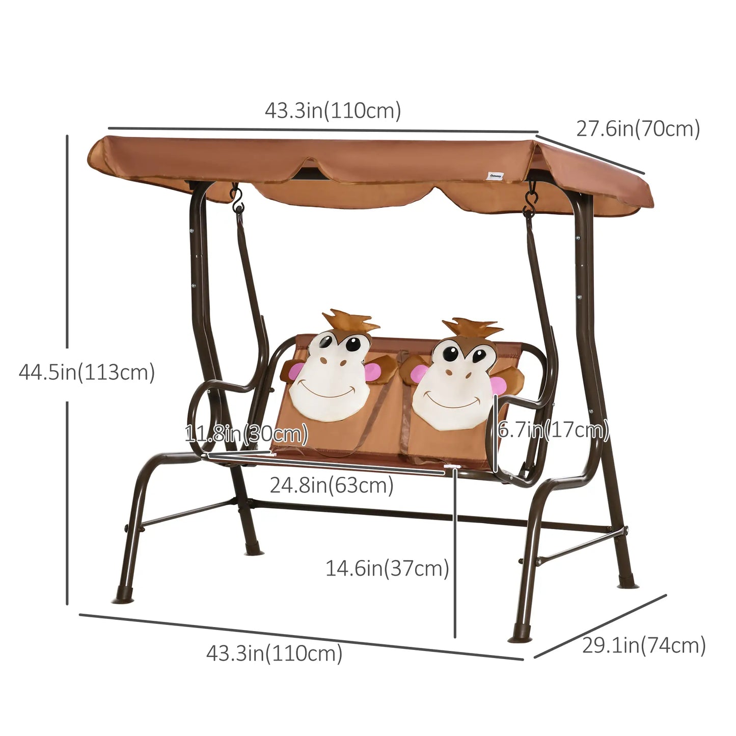 2-Seat Kids Porch Swing, Adjustable Canopy, Seat Belt, Monkey Pattern, 3-6 Years, Coffee Gym Sets & Swings at Gallery Canada