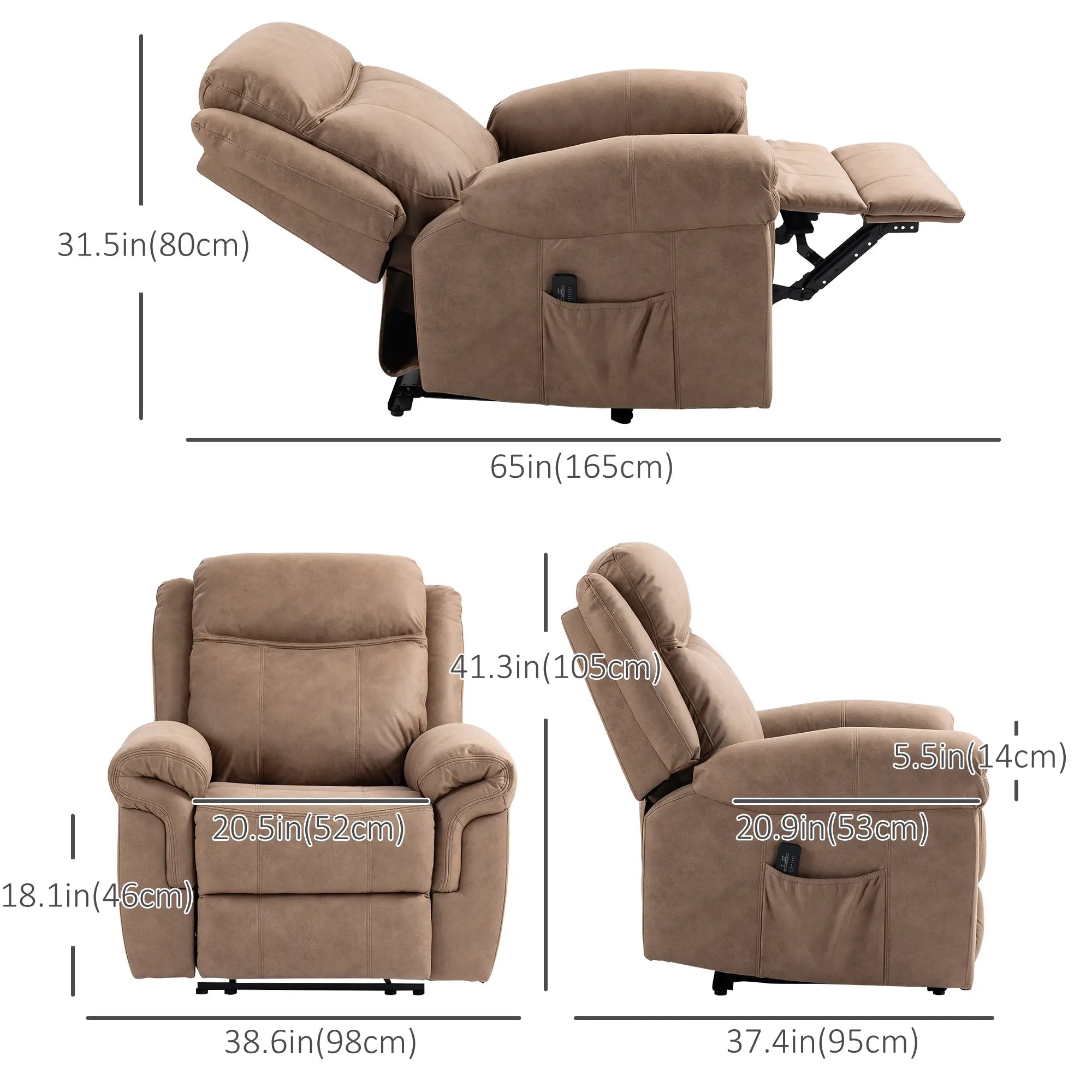 Manual Recliner Chair, Vibration Massage, Side Pockets, Microfibre, Brown Single Sofas at Gallery Canada