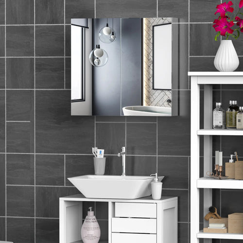 Wall Mounted Mirror Cabinet, Bathroom Medicine Cabinet, 2 Doors, 3-Tier Shelving, Silver