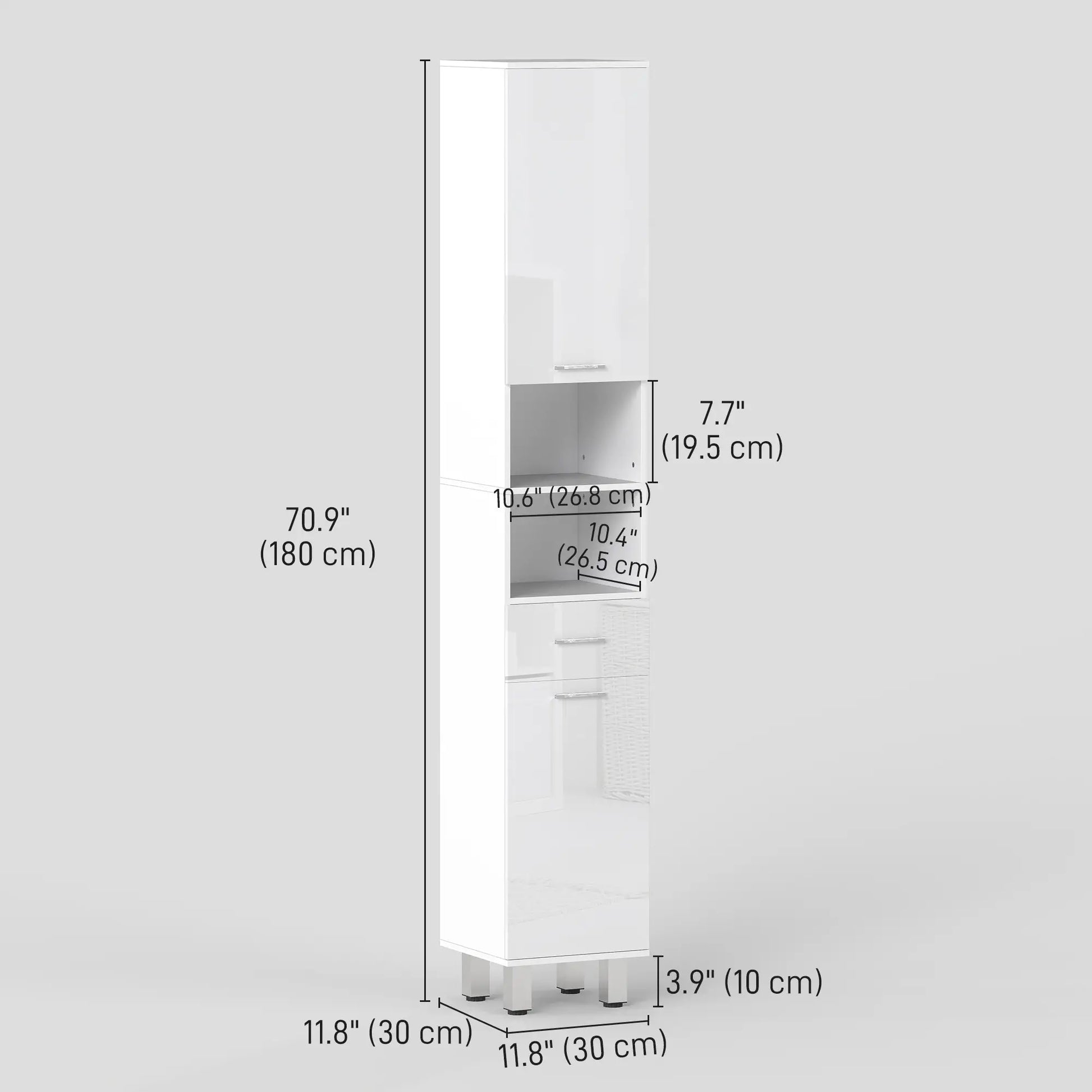 71" Tall Bathroom Storage Cabinet, Linen Tower with Drawer, Open Shelves, White Bathroom Cabinets at Gallery Canada