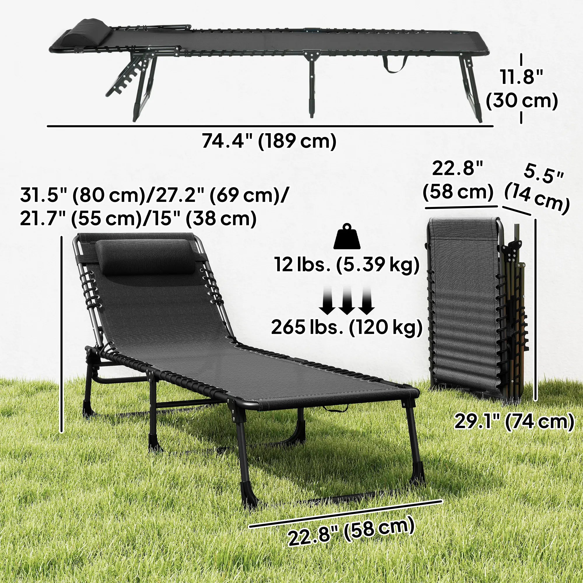 Outdoor Folding Lounge Chair, 4-Level Adjustable, Black Lounger Chairs at Gallery Canada