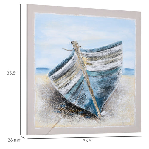 Boat Wall Art Hand-Painted Canvas Painting Beach Artwork Modern Framed Prints for Living Room Bedroom Decor Blue, 35.5