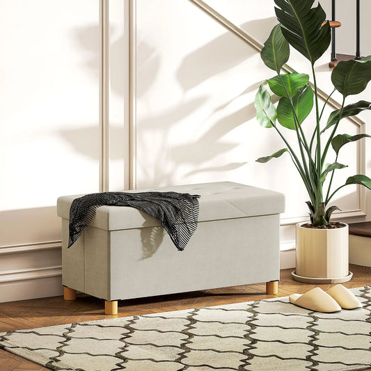 Velvet Upholstered Foldable Storage Ottoman Bench, Wood Legs Storage Ottomans & Benches Cream at Gallery Canada