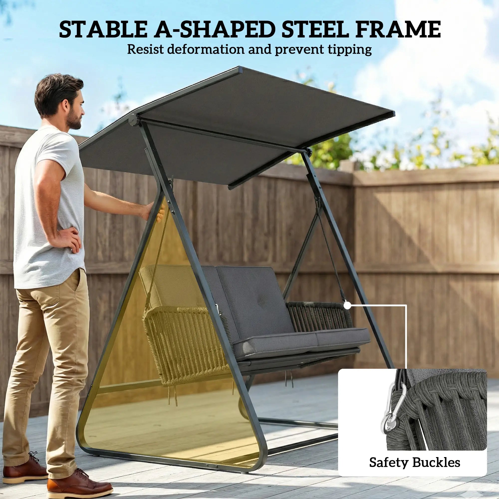 2-Person Outdoor Swing, Adjustable Canopy, Rattan Bench With Cushions Patio Swings with Stand at Gallery Canada