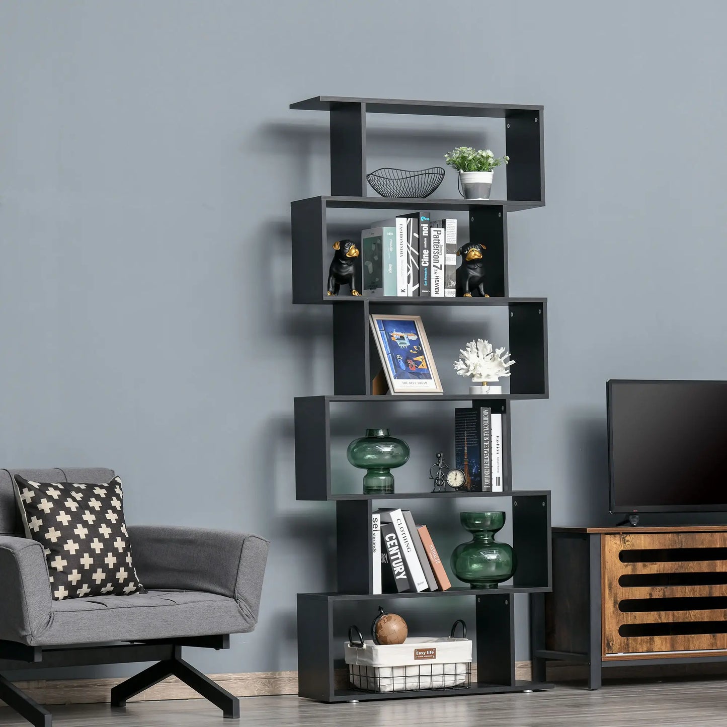Wooden S Shape Bookcase, 6 Shelves, Storage Display, Home Office Display Bookshelves at Gallery Canada