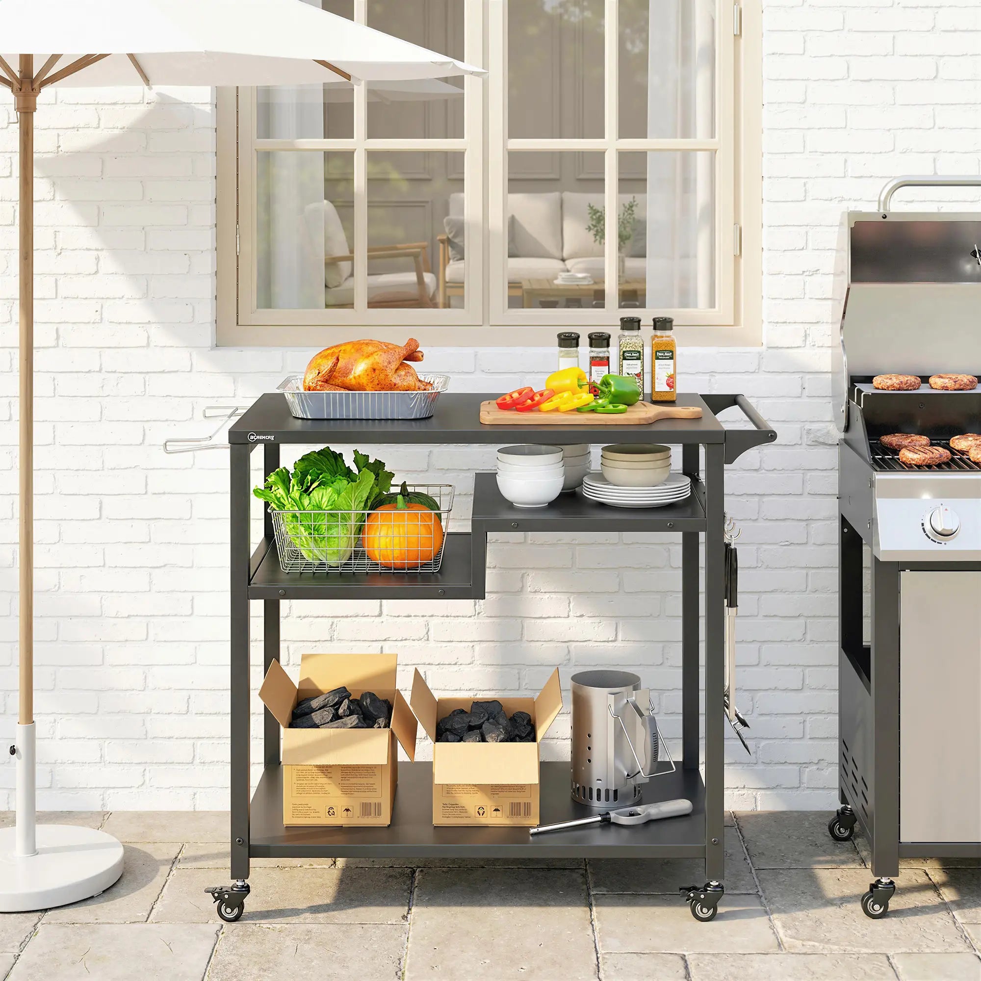 Outdoor Grill Cart, Three-Shelf Pizza Oven Stand With Hooks, Wheels, Black Outdoor Grill Carts at Gallery Canada
