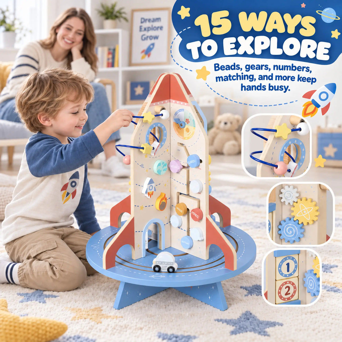 Cube d'activité en bois fusée, trieur de formes et labyrinthe de perles pour tout-petits 24M-6Y