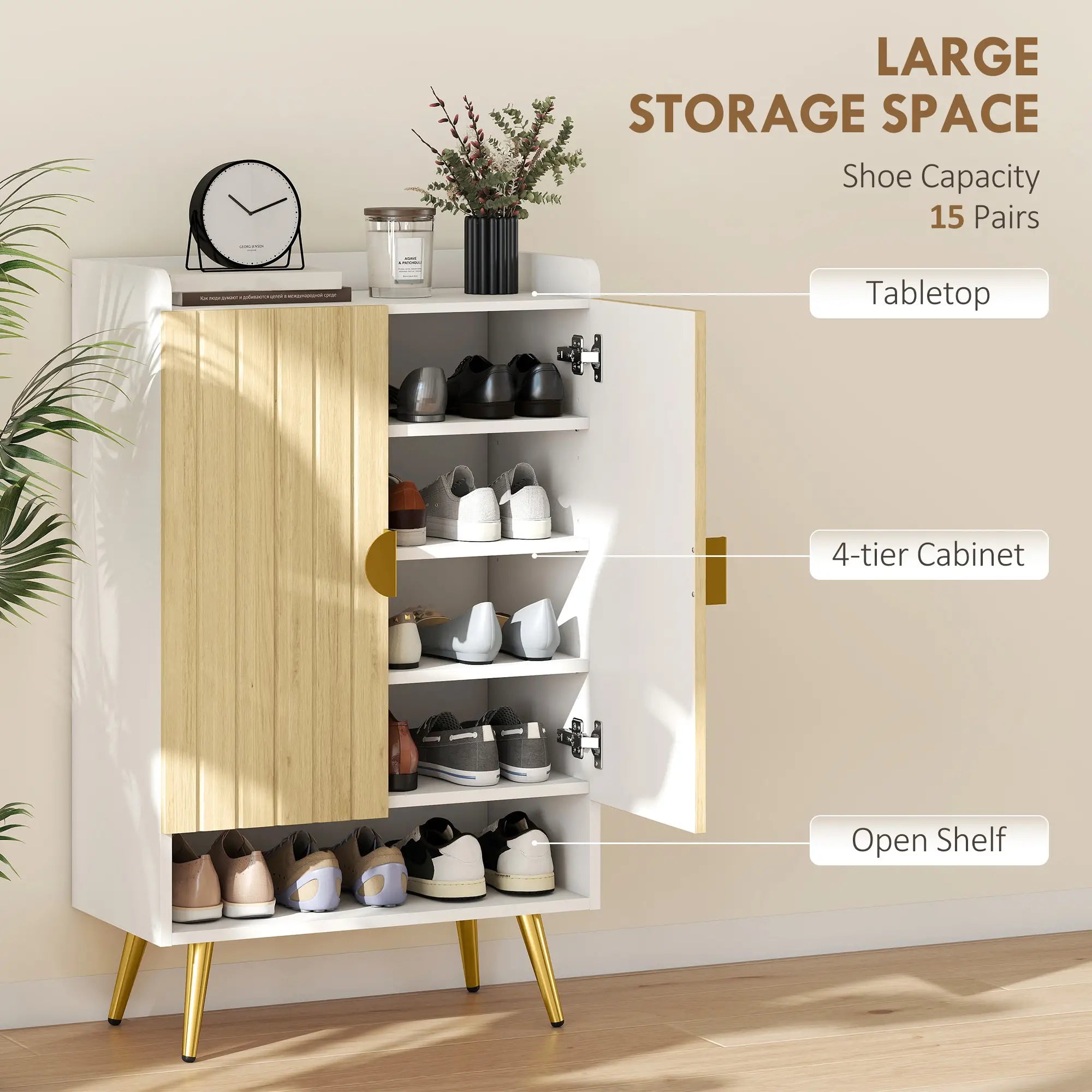 Entryway Shoe Storage Cabinet, Adjustable Shelves, Open Shelf, 15 Pairs, Natural Shoe Storage Cabinets & Racks at Gallery Canada