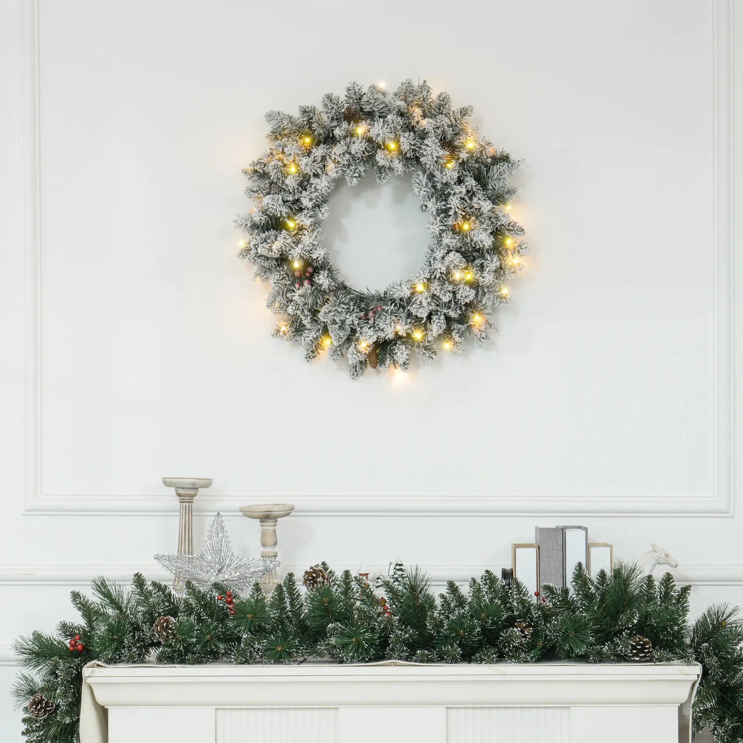 24" Flocked Christmas Wreath with Lights, Pine Cones, Berries, Green Christmas Wreaths at Gallery Canada