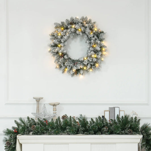 24" Flocked Christmas Wreath with Lights, Pine Cones, Berries, Green Christmas Wreaths Green at Gallery Canada
