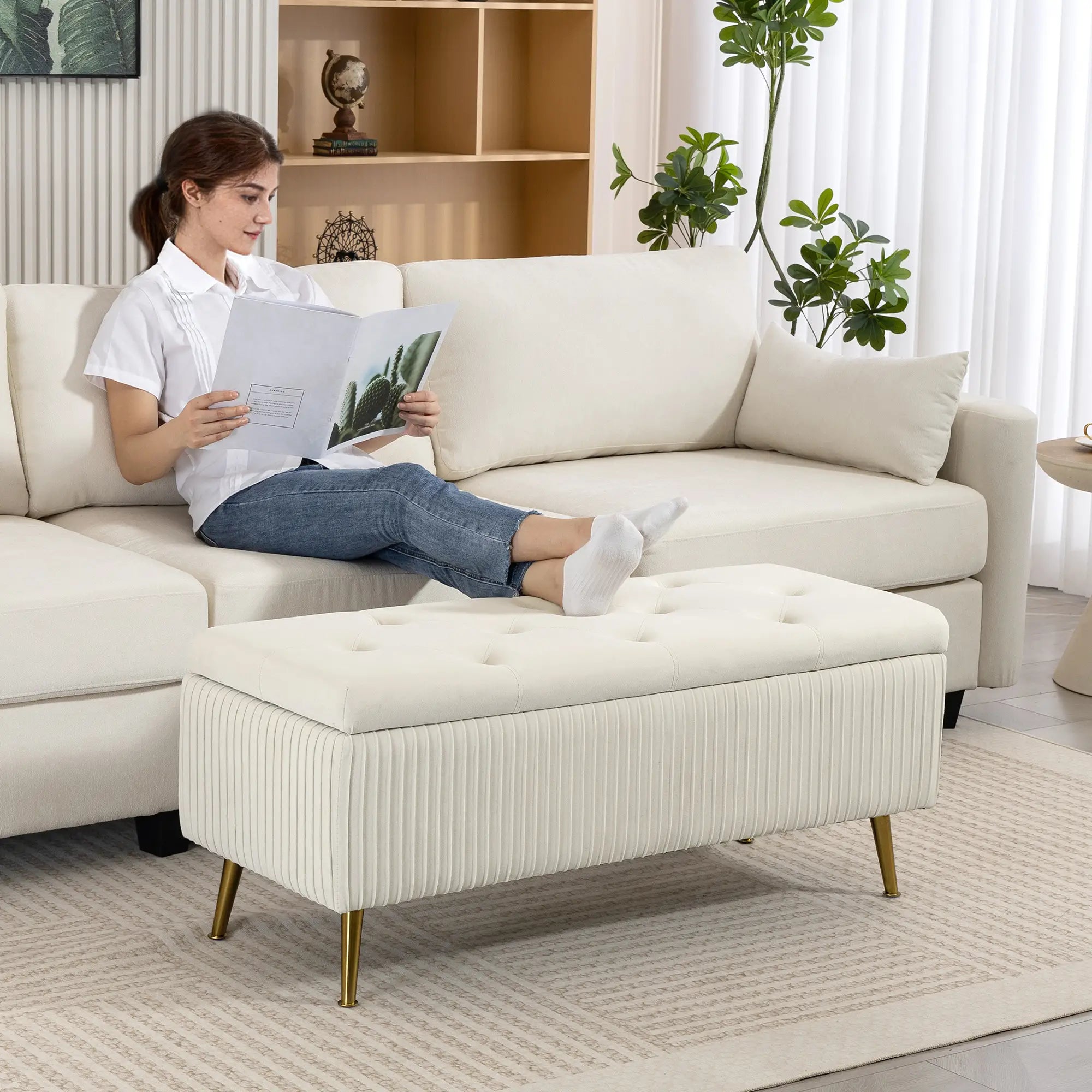 43 Inch Storage Ottoman Bench, Steel Legs, Padded Seat, Beige Storage Ottomans & Benches at Gallery Canada