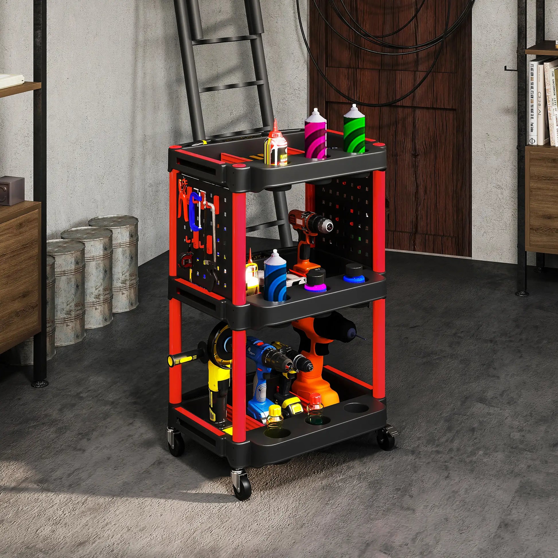 3-Tier Rolling Tool Cart, 200 LBS Capacity, Black & Red Tool Organizers at Gallery Canada