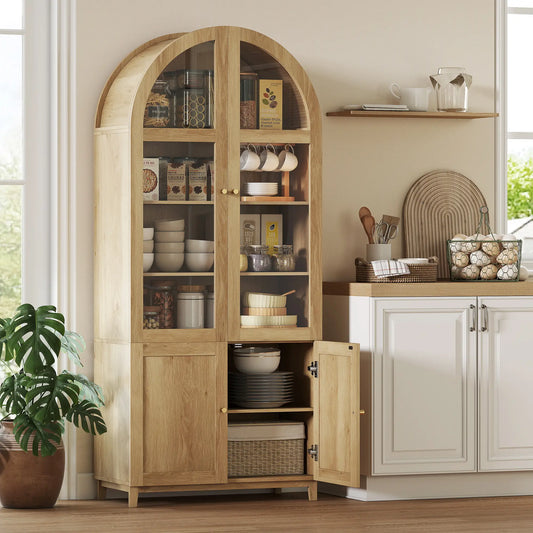 71" Tall Arched Kitchen Pantry Cabinet, Adjustable Shelves, Acrylic Doors, Oak