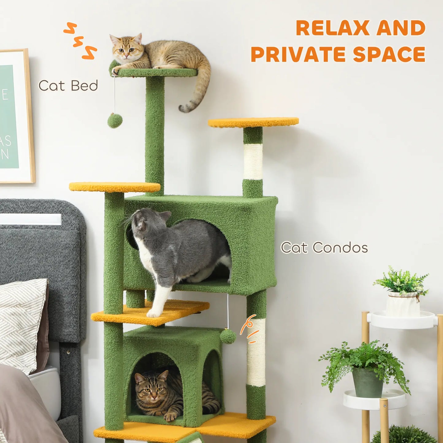 63" Cat Tree, Multi-Level Tower, Scratching Posts, Condos, Bed, Green