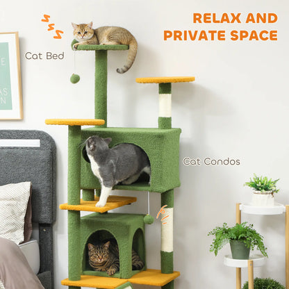 63" Cat Tree, Multi-Level Tower, Scratching Posts, Condos, Bed, Green