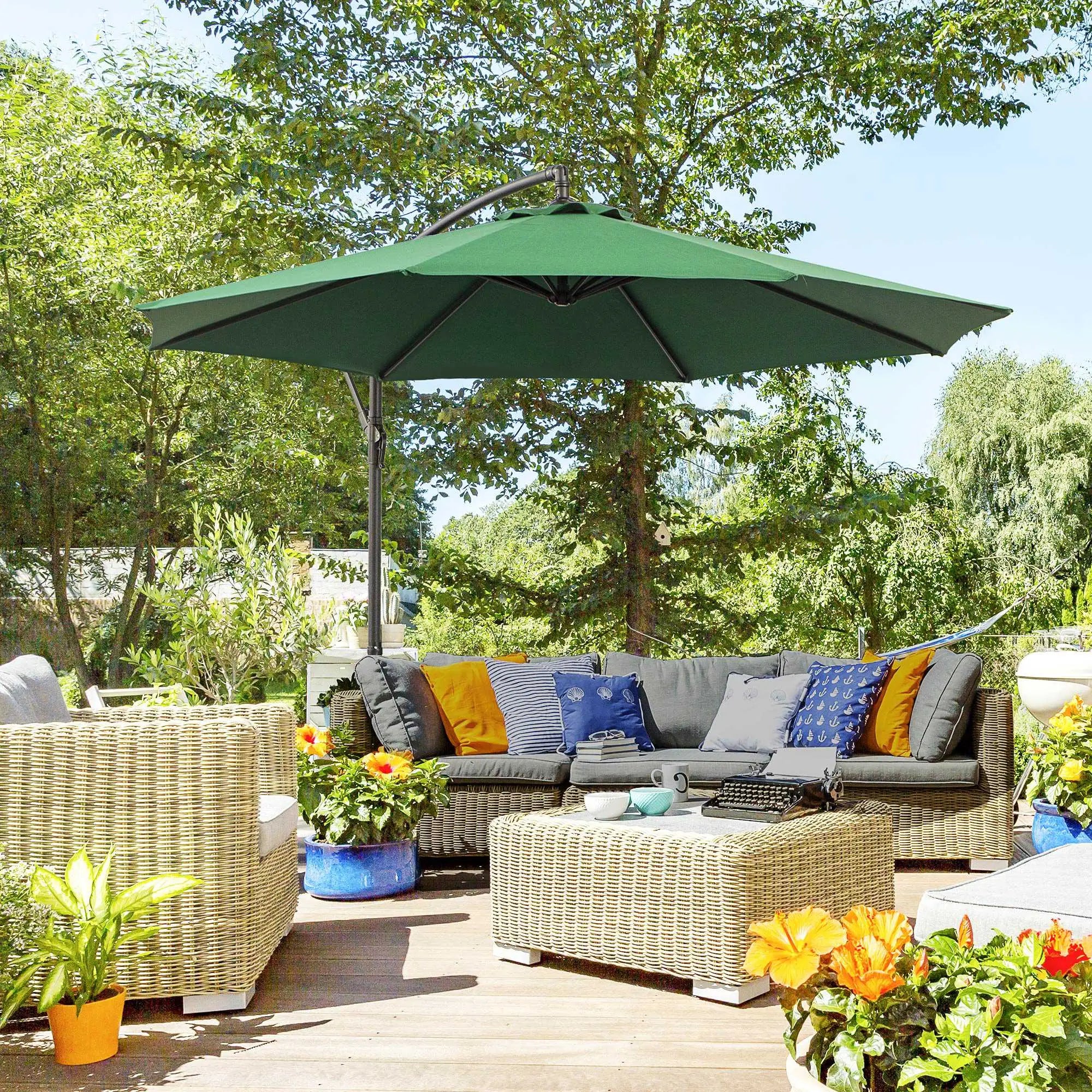 9.7ft Offset Patio Umbrella, 8 Ribs, Crank Handle, Cross Base, Green Offset Cantilever Umbrellas at Gallery Canada