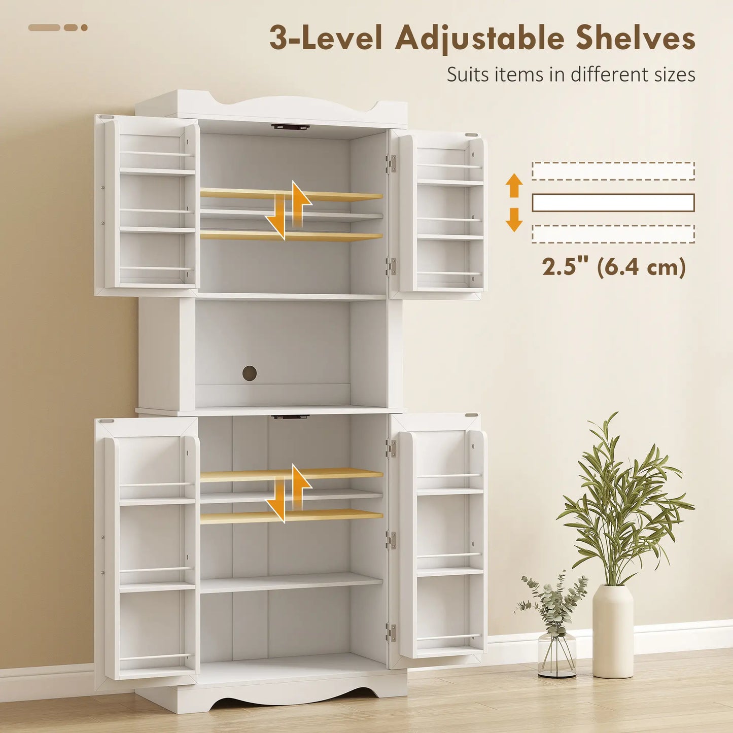 73 Inch Kitchen Pantry Cabinet, Adjustable Shelves, Microwave Stand, White Kitchen Pantry Cabinets at Gallery Canada