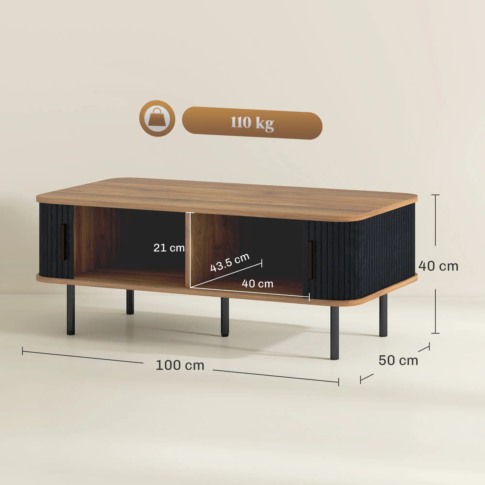 Nordic Side Table with Fluted Tambour Sliding Doors and Steel Legs, Coffee Table with Storage for Living Room, Black Coffee Tables at Gallery Canada