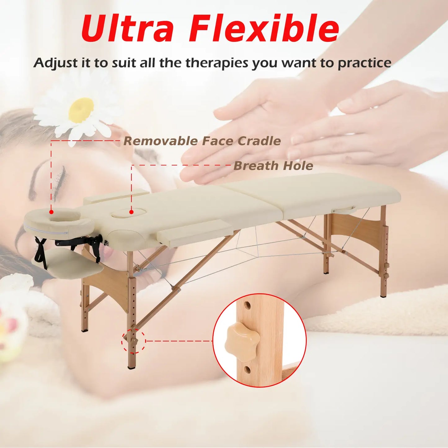 Height Adjustable Salon Spa Facial Couch, Folding Massage Table, Beige
