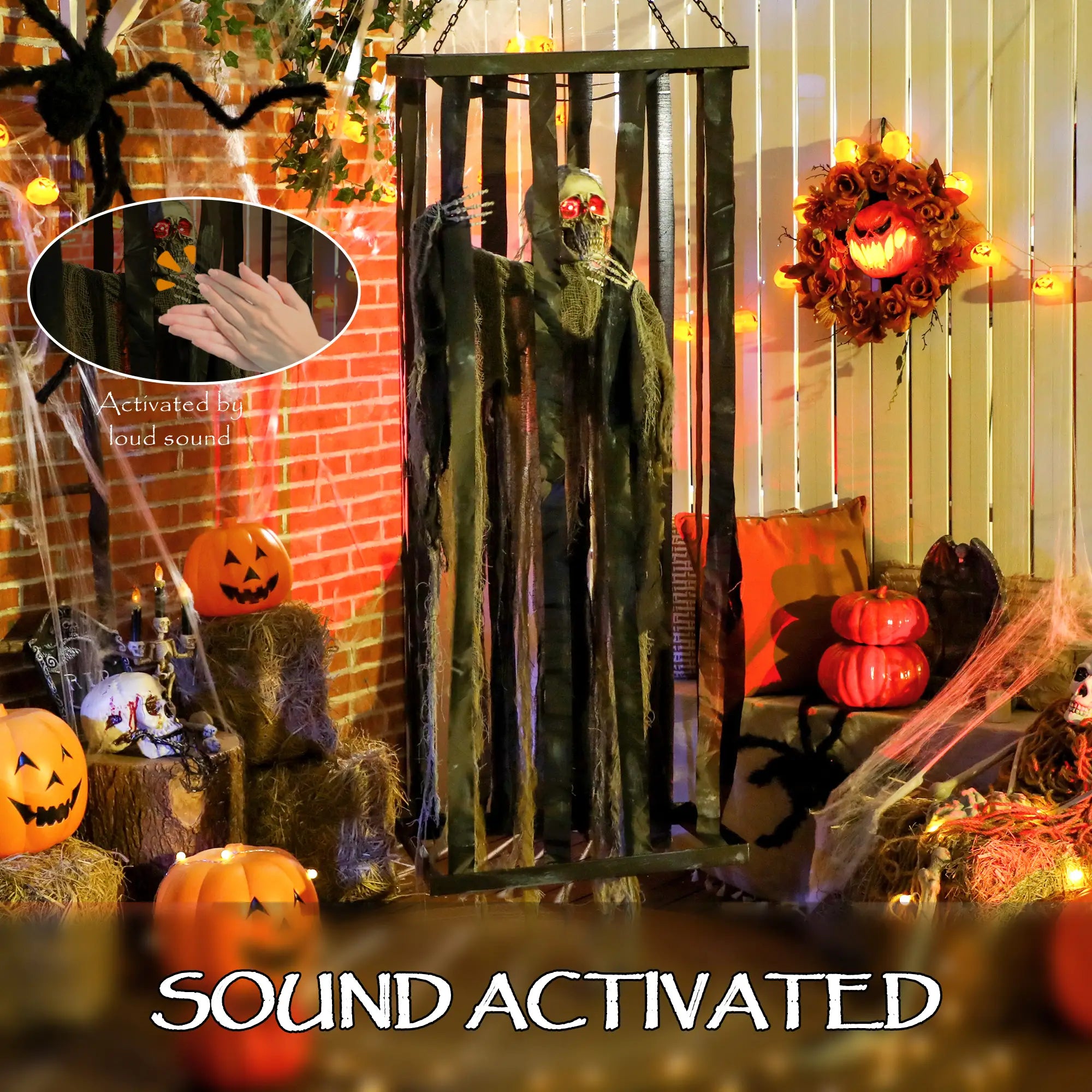 Animatronics Hanging Skeleton Reaper in Cage, Voice-Activated, Flashing Eyes Halloween Decorations at Gallery Canada