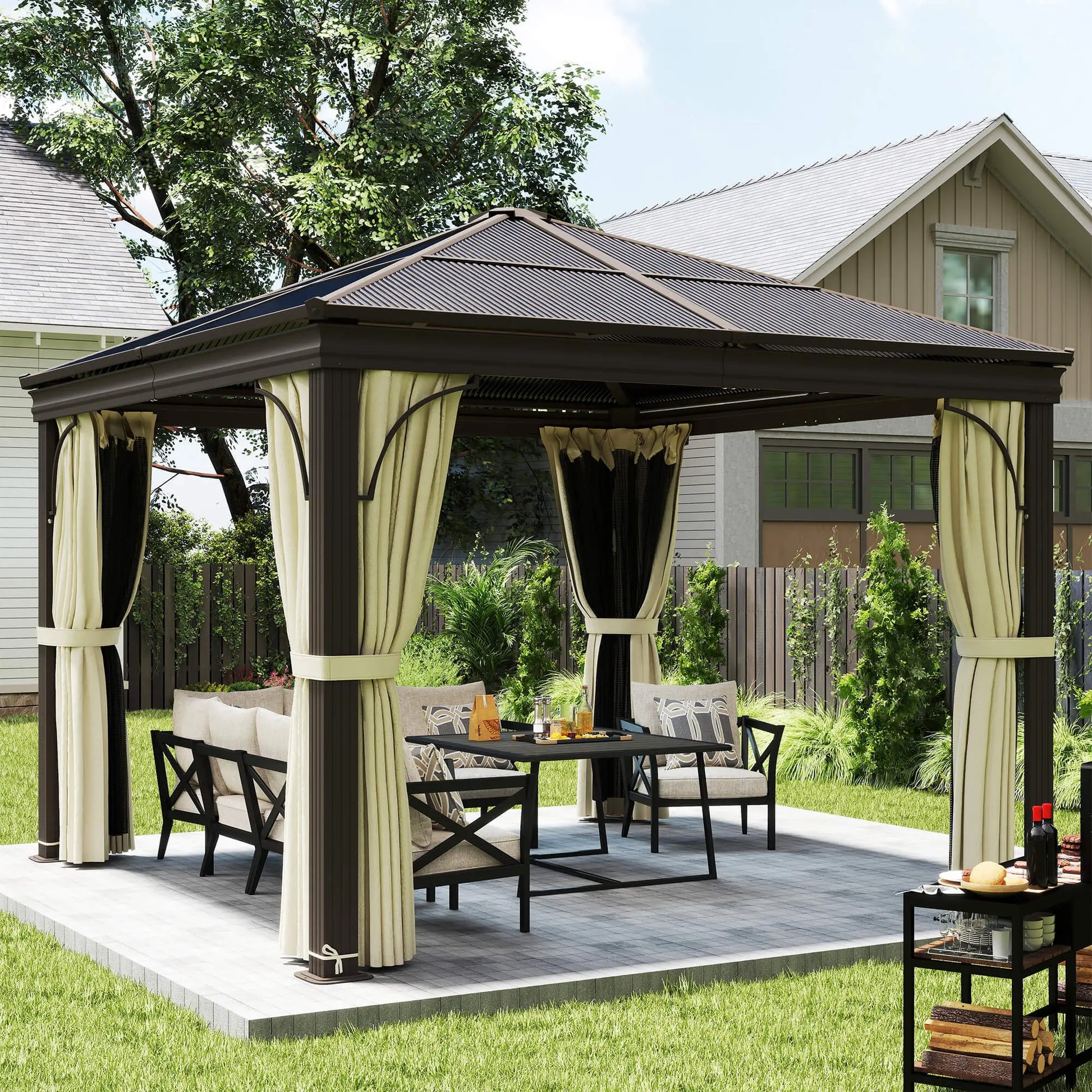 10x10 Ft Hard Top Gazebo, Heavy Duty Canopy, Sun Shade, Coffee, Beige Gazebos at Gallery Canada