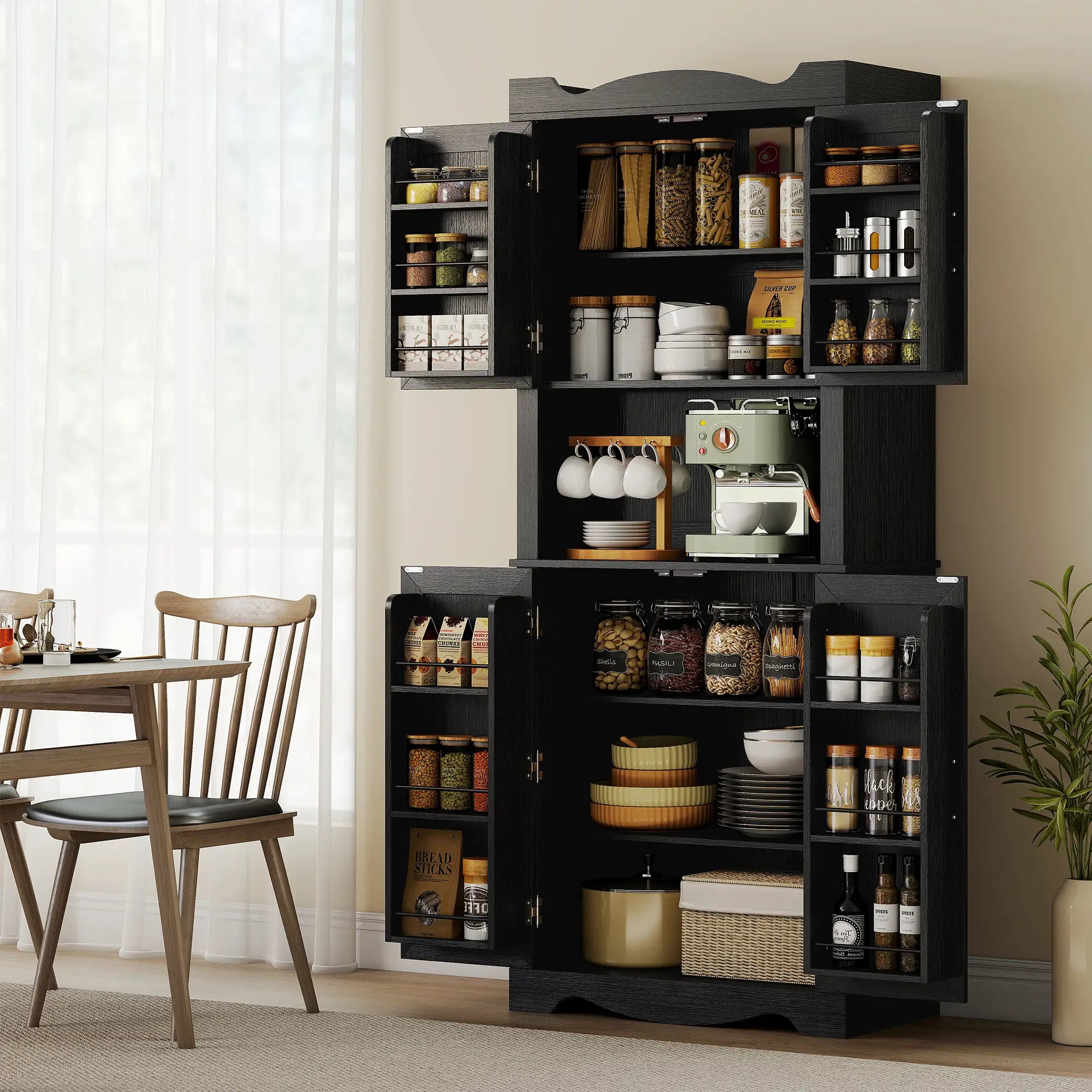 73 Inch Kitchen Pantry Cabinet, Freestanding Hutch, 12 Shelves, Black Kitchen Pantry Cabinets at Gallery Canada