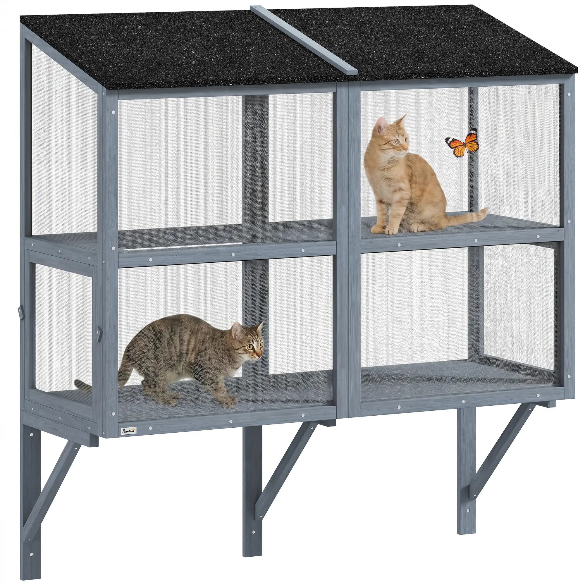 Outdoor Cat Enclosure, Wall-Mounted 2-Level Cat House, Waterproof Roof, 51.2