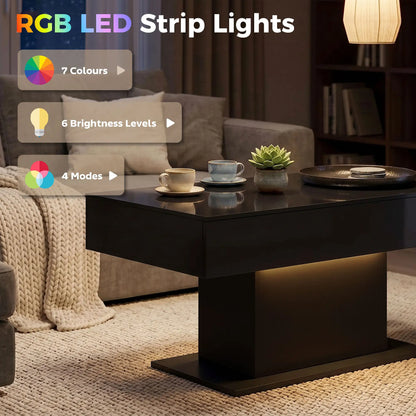 LED Coffee Table with Storage, High Gloss Modern Center Table with 2 Drawers and Remote Control for Living Room, Black Coffee Tables at Gallery Canada